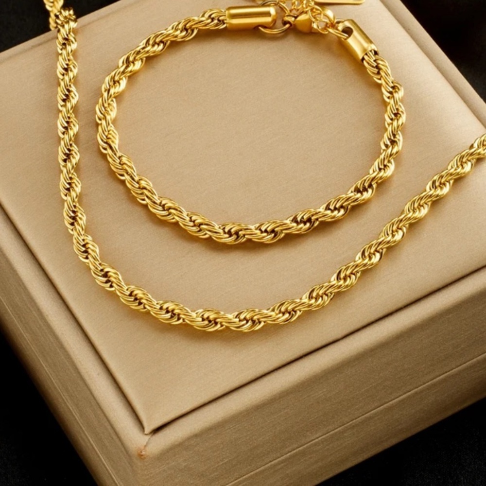 18k Gold Filled Rope Chain Necklace and Bracelet Set
